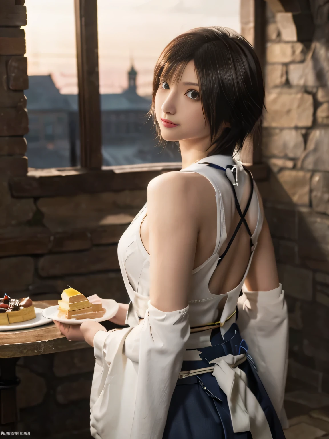 20 year old Japanese beauty，One person、Muscular body like a bodybuilder、Emphasize the breasts、Slit eyes、A head-to-toe view，Bust is very very large、The background is a medieval European kitchen、High quality photos、Clear, crisp images of the lower body、Masterpiece 8k、Smiling、I am eating a shortcake at the table.、From the front, from the side, from the back, etc.々from what camera angle to shoot、FF10 Yuna's outfit