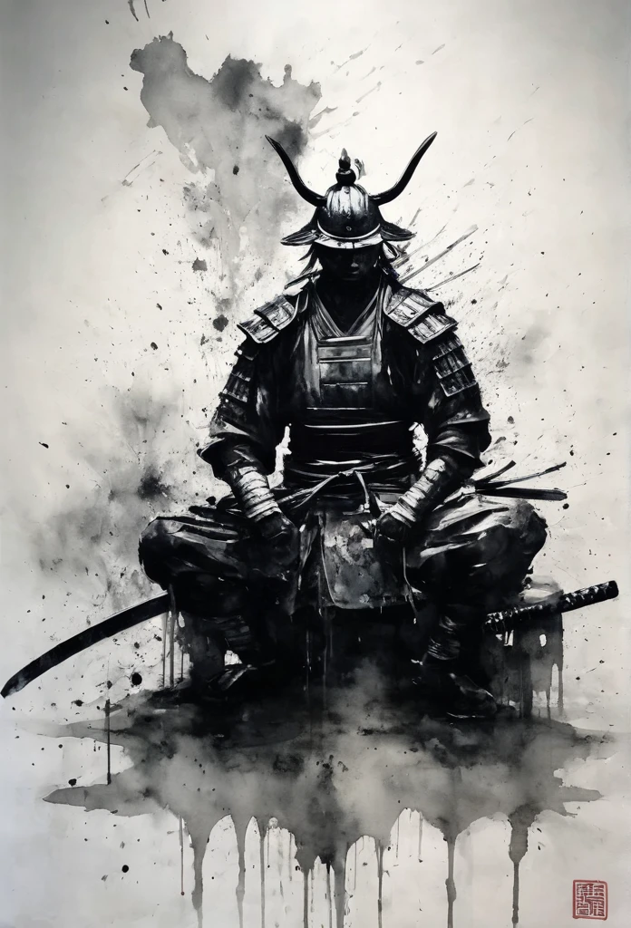 Black and white painting,Ink Painting,splash,Mamba Hair,samurai armor,sitting cross-legged,seppuku,disembowelment,
