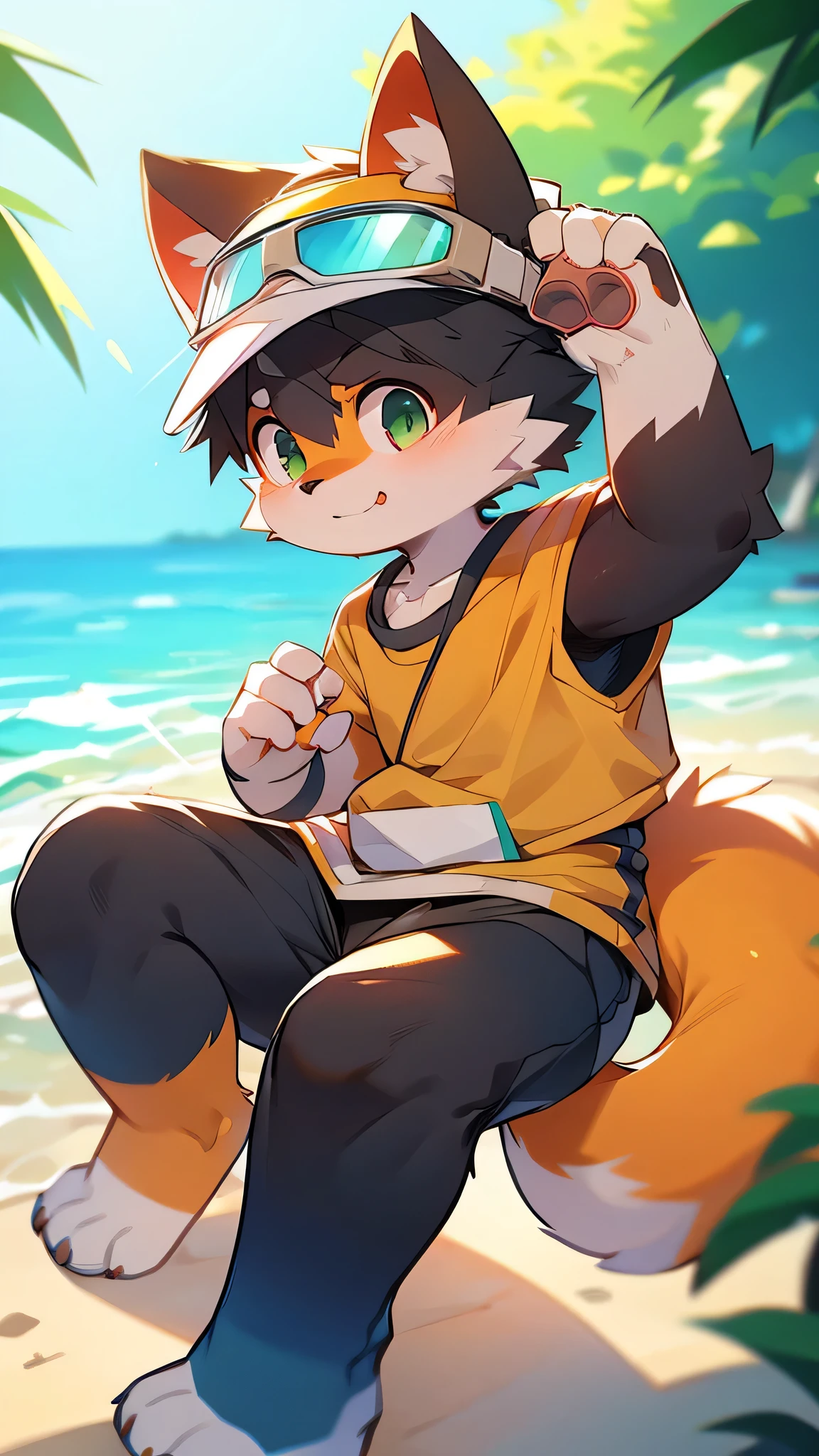 (Dagashi: 1.1),Red Panda Girl,Characteristics of cool clothes,super high quality,Very detailed,High resolution,Cute art style in anime,Best Anime,Ocean,Fine fur,Ocean,Water Play,Shorts,swimming,Beautiful Ocean Scenery