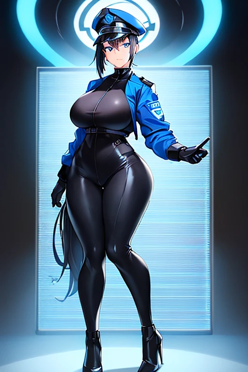 1girl, black hair, short hair, ponytail, long ponytail, blue eyes, large breasts, toned, hourglass figure, serious, blue jacket, bodysuit, black bodysuit, policewoman, police hat, police, neon, neon trim, futuristic, science-fiction, machinery, tech, full_body, ((full body)), standing, high heels