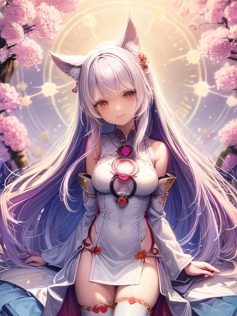 (Highest quality:1.4), High resolution, Delicate depiction, masterpiece,, One Priestess,, Light purple hair, Purple eyes, (Kemomimi), Medium chest, Naked thin thighs,, hair ornaments, Detailed Description, (red|White Japanese shrine maiden outfit), Removable sleeves,, red面,, lanthanum, shrine,, Detailed face,