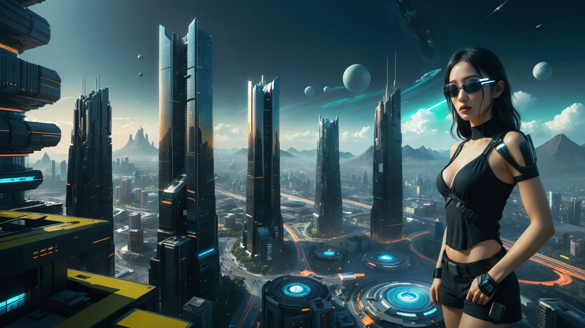 Brightly colored abstract aerial view image of a futuristic city, futuristic flying cars, epic beautiful space sci-fi, chaotic cinematic space rift, Greg Beeple, planets colliding, Beeple and Tim Hildebrandt, Beeple and Jean Giraud, end of the universe, galaxy space sci-fi, ringworld, by Mike "Beeple" Winkelmann. Matrix style, Matrix cascading code, a futuristic twin tower skyscraper with a unique twisted design, (OLED GUI interfaces in the building), at night, (1girl, solo), photo realistic, large-breast:1.2 body, cleavage, off broken mini sling-shirt and black sling bra, miniskirt, (matrix style black micro sunglasses), (holding a short gun), very low view, half-body thigh level medium shot, cinematic lighting, ray tracing.