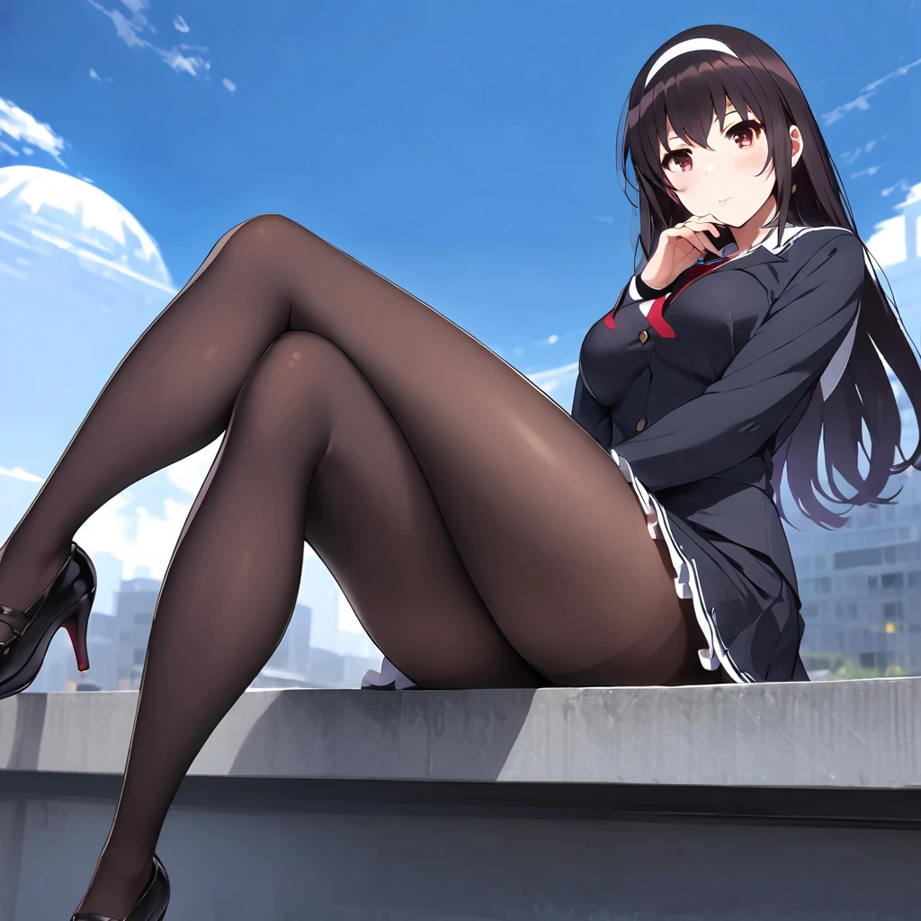 Secretary outfit，A woman sitting on a ledge，legs crossed，With sky background，（highest quality，masterpiece，woman：1.4），Black stockings