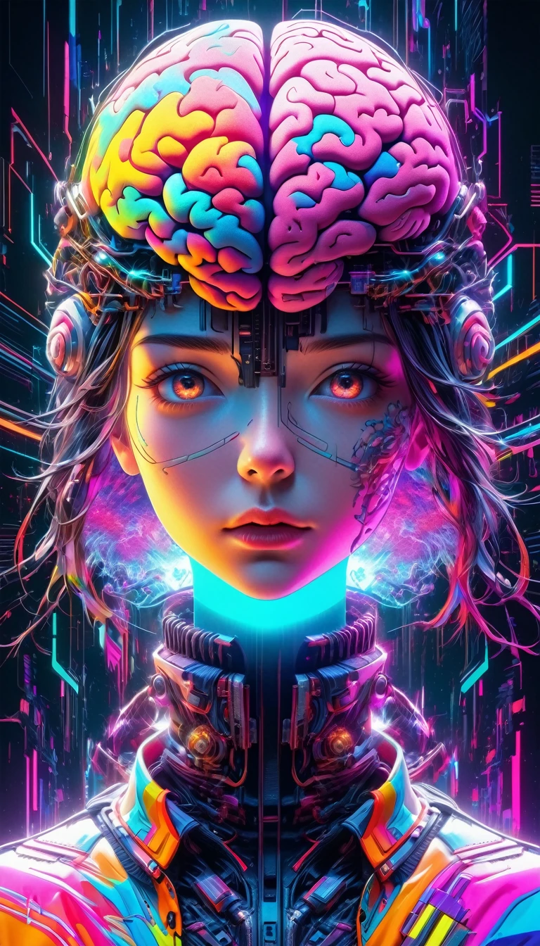 memes, surreal, digitl art, brain waves,artificial intelligence, half human half machine, flow of information, cultural transmission, subconscious, abstract pattern, psychedelic, neon colors, glitch art, cyber punk, cinematic lighting, hyper detailled, 8k, photorrealistic, Volumetric, Ray traced, studio lighting, swirly vibrant colors, psychedelic elements, viral content, social media, cultural phenomenon