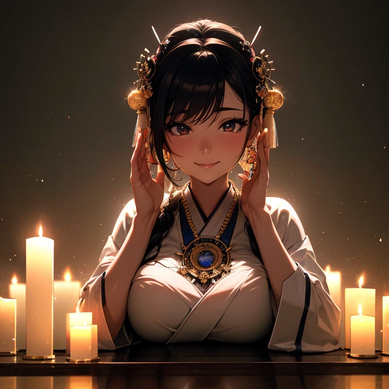 top quality, masterpiece, hi-res, 1 woman, 35 years old, Japanese, western style fortune teller outfit, hair ornament, necklace, jewelry, beautiful face, calm smile, upon_body, Tyndall effect, photorealistic, divination room, candles on table, tarot cards, rim lighting, two tone Lighting, (High Definition Skin:1.2), 8k uhd, DSLR, soft lighting, high quality, volumetric lighting, candid, photography, high resolution, 4k, 8k, bokeh