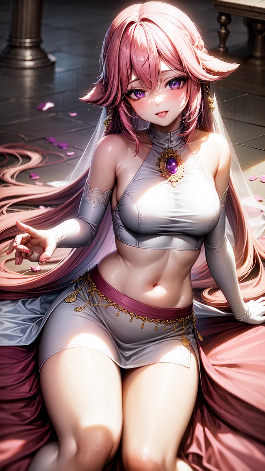 Medusa, pink hair, red-white eyes, super detailed sea surface, skull in eye reflection, background of white stone statue of muscular woman, expression of anger and hatred, symbol of feminine in the center, well-structured female body, full body bow, white stockings, high heels, super fine 4k, 8k quality