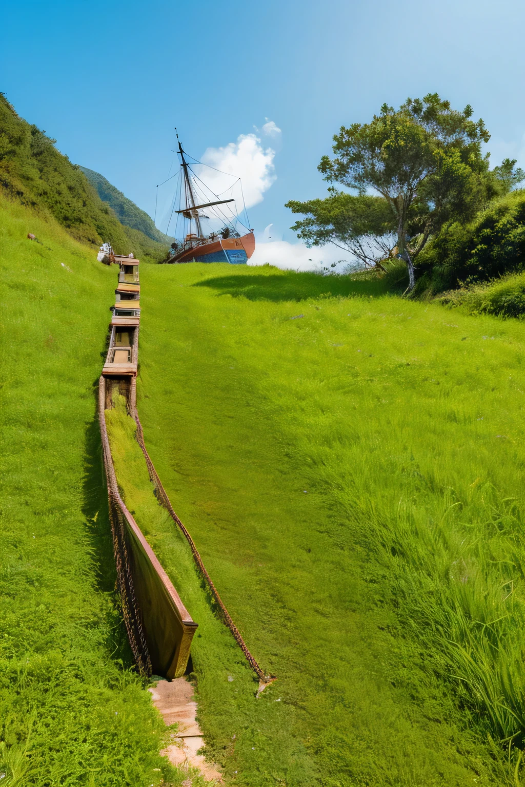 A large ship is stranded on top of a mountain,the ship is rusty and covered in green vegetation