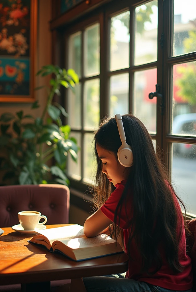 1 girl、Kingdom of Thailand、headphone、Reading、View Book、Cafe、Coffee on the table、Western style