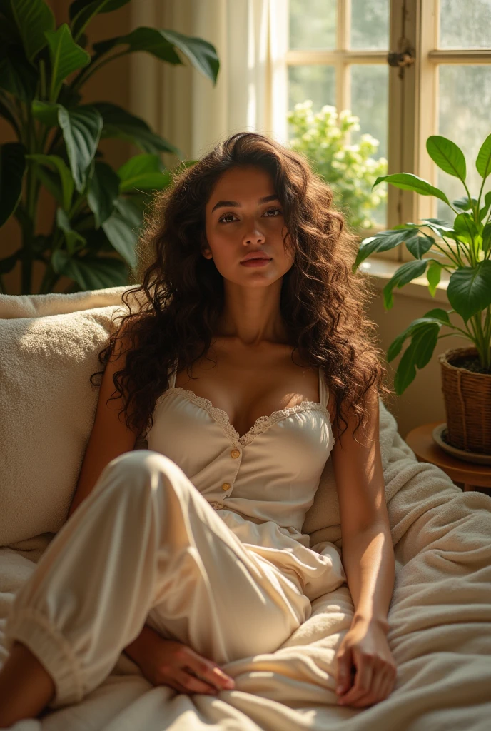 (photorealism:1.2), beautiful woman, sitting on bed, wearing loose off-shoulder top, pajama pants, long curly hair, indoors, soft lighting, plants in background, window with sunlight, cozy room, relaxed pose, realistic, intricate details, warm colors, by Greg Rutkowski, by Alphonse Mucha