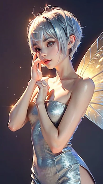 (Very detailed CG ユニティ 8k 壁紙, masterpiece, Highest quality, Very detailed), (Best lighting, Best Shadow, Very delicate and beautiful), Cool, dynamic, Original girl character (dynamic pose) Silver (Pixie Cut Hair: 1.3) Reflects light beautifully.