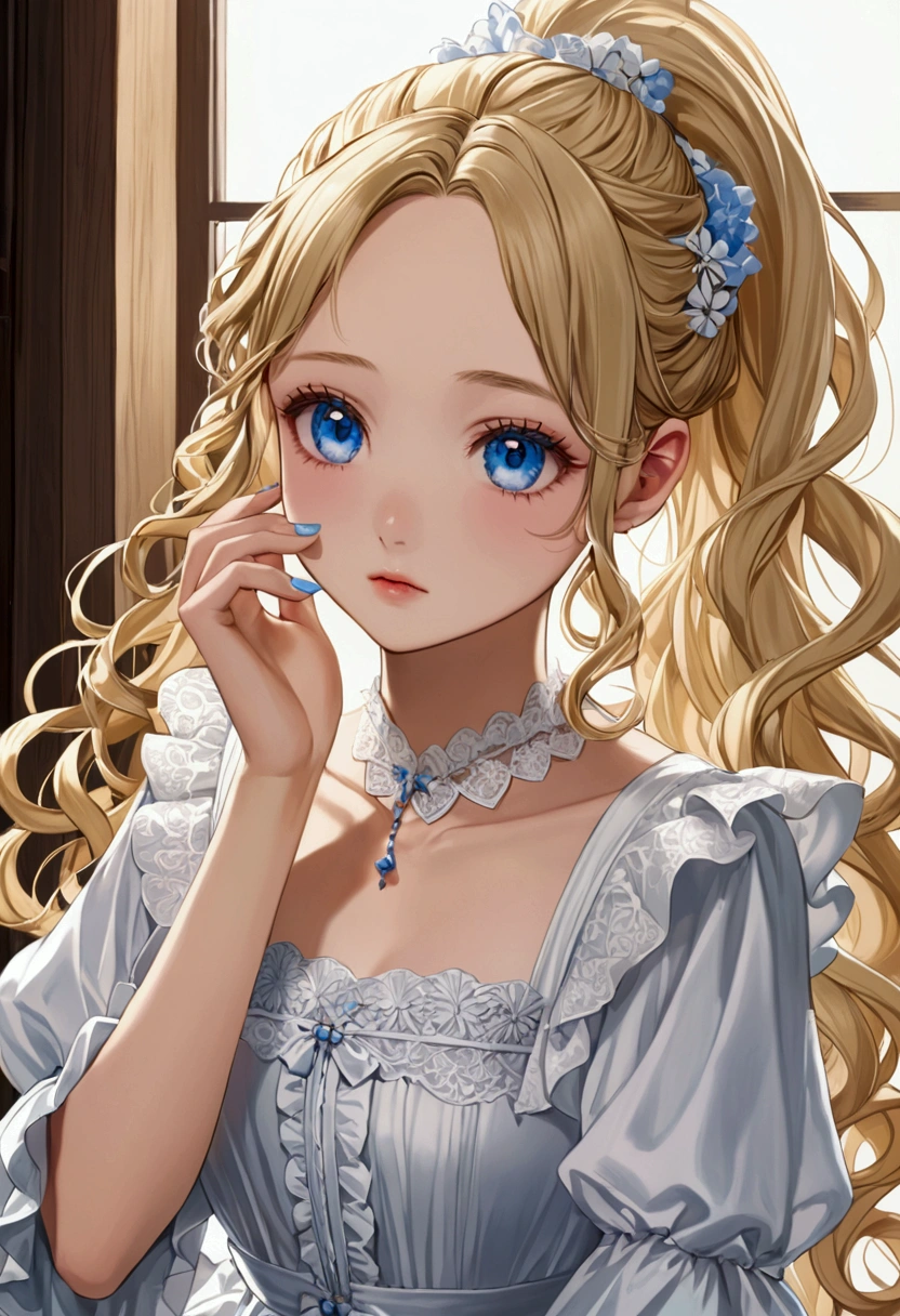 Blonde, lots of hair, a really big ponytail、The ends of her hair are curly、A little bit of forehead showing with bangs、White Gal、Kind energy、Blue eyes with upturned corners、A white frilly dress、nail