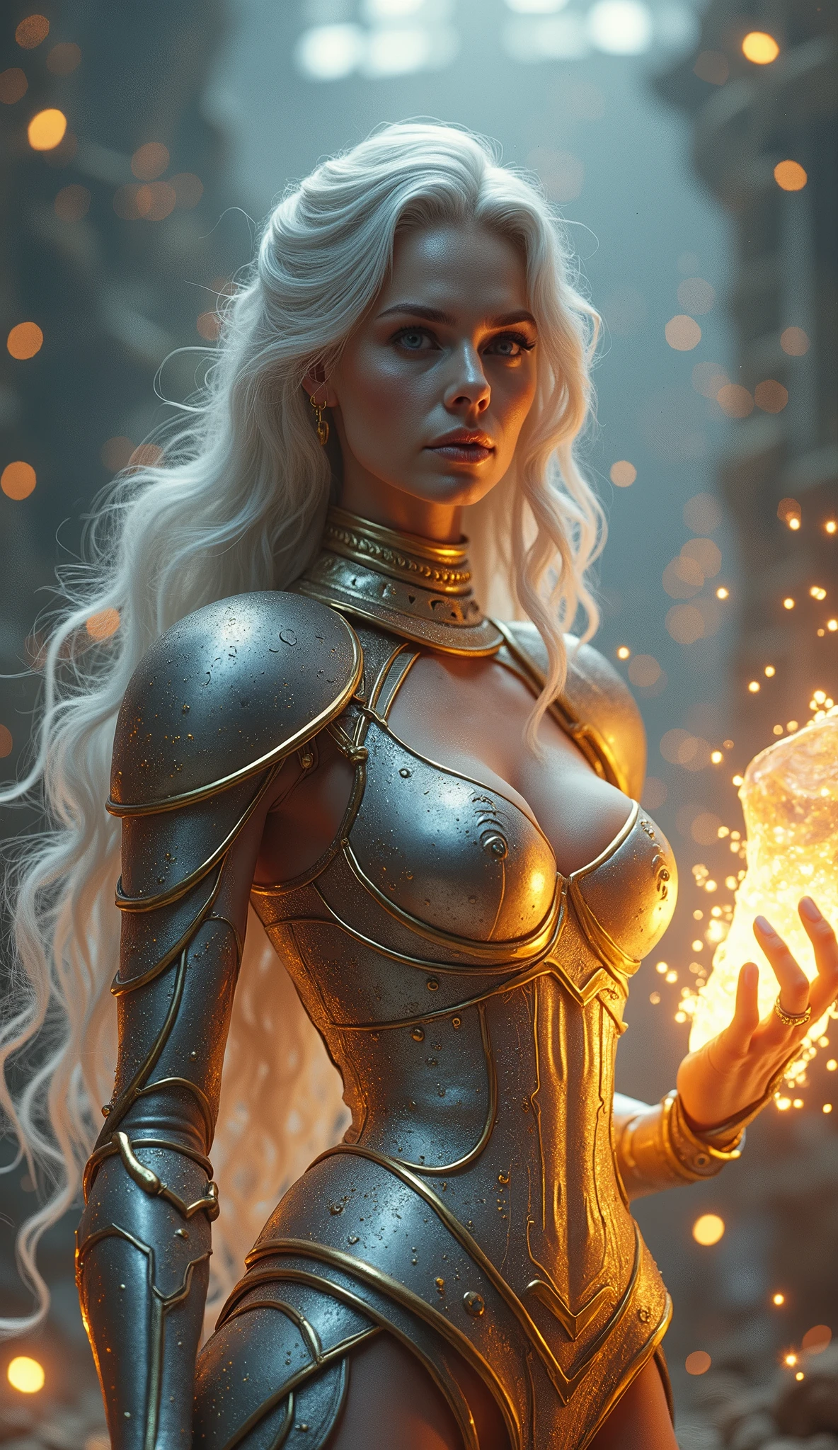 A warrior queen stands poised in an arena, her ashen skin glistening under soft, volumetric lighting. Silver hair cascades down her back, framing her radiant gold and silver eyes that seem to pierce the viewer's soul with seductive intent. Her armor, etched with glowing rainbow circuits, luminescent gold lines, and RGB LED lighting, appears to pulse with energy as she leans on a mysterious object, her head tilted in a subtle invitation. Long fingernails and a fingerless gauntlet accentuate her powerful physique. A swirling vortex of luminous circuitry surrounds her, casting intricate patterns of light upon her armor that seems to shimmer like molten metal. The scene is bathed in warm, hyper-realistic illumination, capturing the interplay between metallic textures and the pulsating rainbow energy of the digital backdrop.