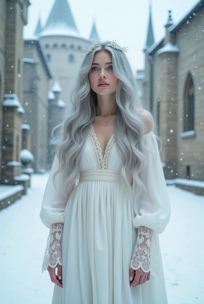 Create an image of an 18-year-old woman with silver hair and eyes the color of blue but light, almost aqua. Put her in a white dress and a background in Castille in the snow. Let her hair down.