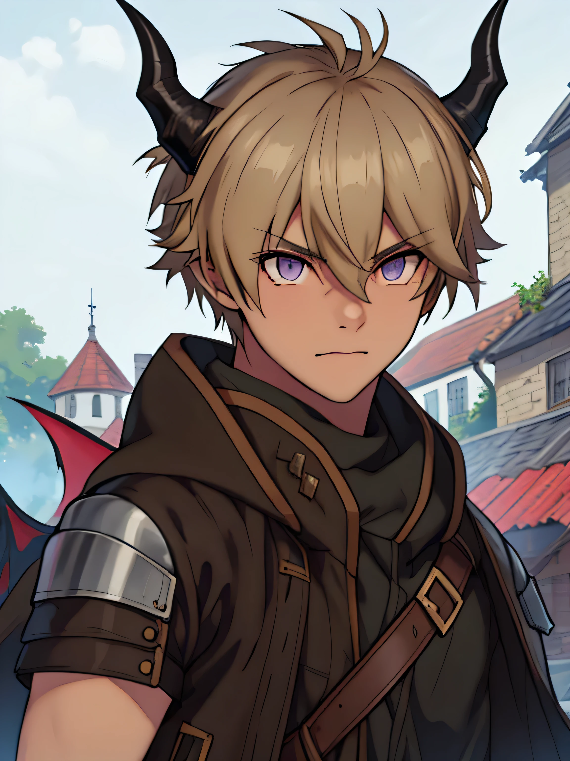 1boy, young, alone, 16 year old, wanderer's outfit, dragon, clean eyes, purple eyes, sharp nails, human shape, dragon heart, short hair, blond, horns on head, better detail of the horns,  more masculine details on the face, better image quality, better detail in the hands, better detail in the eyes, improve blonde hair color