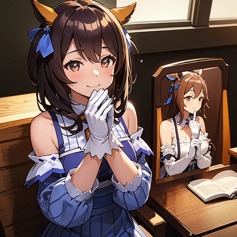 masterpiece, best quality,, curren chan (umamusume), smile, sitting,, vertical-striped dress, bare shoulders, off shoulder, closed mouth, long sleeves, collared dress, gloves, own hands together, hands on chin,, upper body,, 