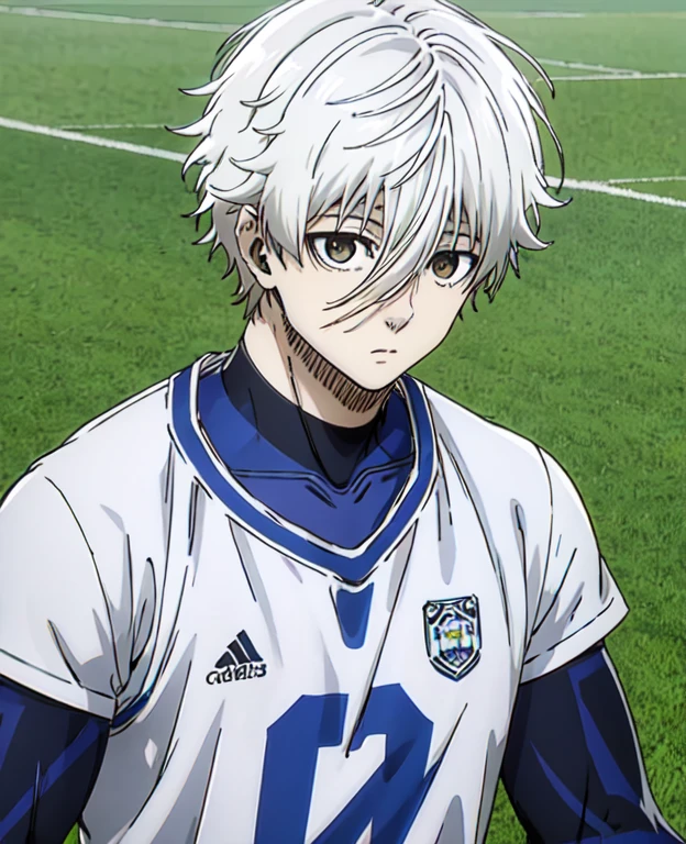 Nagi Seishiro playing football epicly while his eyes are in a state of flow with a death aura surrounding him in silver and light blue. ,Meanwhile, he wears the Manchester City uniform from his respective manga (Blue Lock)