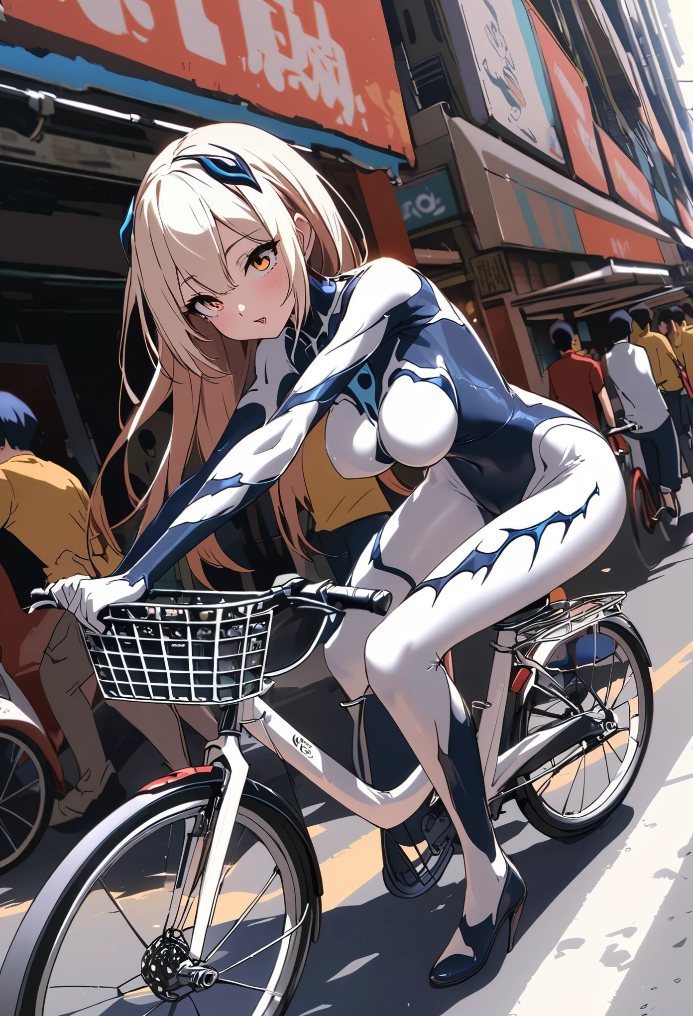 spidergirl (cute woman) in sexy tight fitting alien symbiote suit with red and white styling, on her bicycle casually riding, crowded street of Bangkok