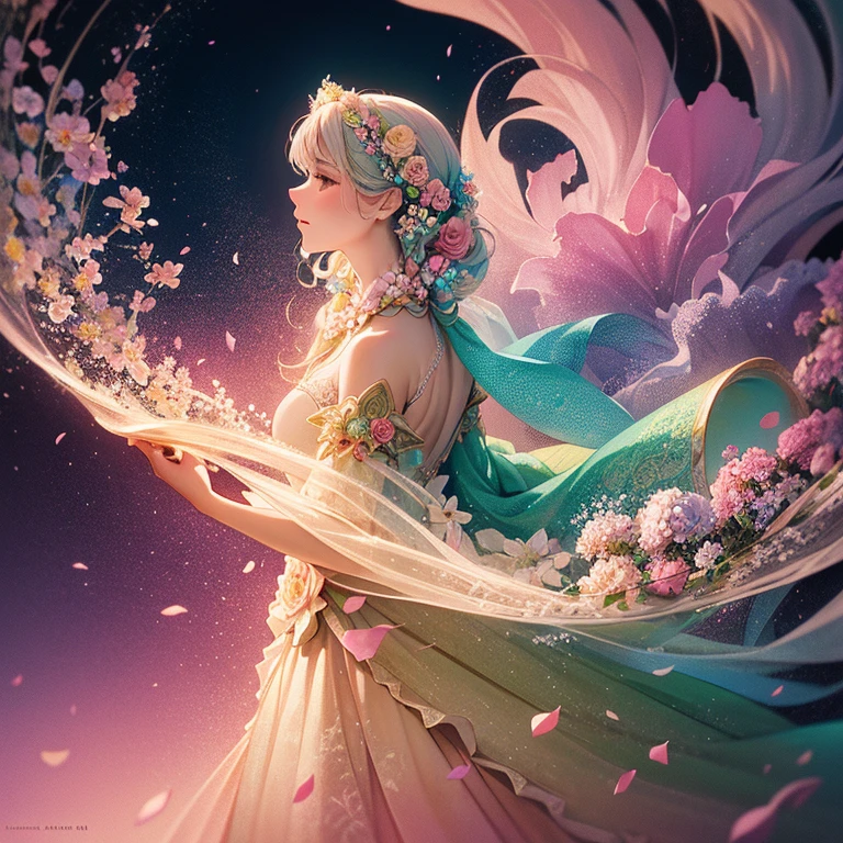 Whimsical fantasy elegant rose floral botany minimalism with a wave of flowers garden flowing flowers floating in hazy pastel pink, aqua green, pastel apricot, smoke fractal, moody and massively realistic flowers, octane rendering, Josephine wall art, Isabel Menin, Jean, Amy brown  