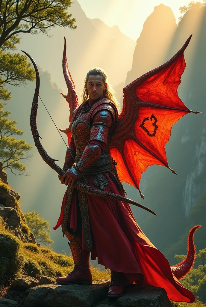 Archer man
wearing red dragon armor and bow with number 23 prominently displayed behind him