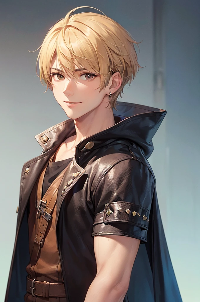 (((masterpiece; best quality: 1.2))), (detailed eyes: 1.3), ((ung man)), ((solo)), (brown eyes: 1.4), (body shape; lean, masculine, manly face: 1.3), (short blond hair: 1.3), (clear background: 1.2), ((depth of field)), (equipment: masculine adventurer garb + practical hard-leather hunter protection + black hooded hunter overcoat + black stud earring: 1.3), (anime illustration: 1.2), (background composition; fantasy tavern interior + furniture: 1.1), (handsome: 1.1), (shot composition; standing + centered on face + bust close-up: 1.5), (facial expression; calm + smile: 1.2)