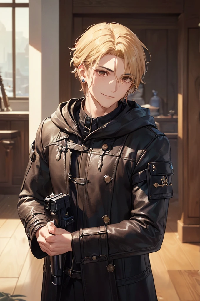 (((masterpiece; best quality: 1.2))), (detailed eyes: 1.3), ((1 young man)), ((solo)), (brown eyes: 1.4), (body shape; lean, masculine, manly face: 1.3), (short blond hair: 1.3), (clear background: 1.2), ((depth of field)), (equipment: masculine adventurer garb + practical hard-leather hunter protection + black hooded hunter overcoat + black stud earring: 1.3), (anime illustration: 1.2), (background composition; fantasy tavern interior + furniture: 1.1), (handsome: 1.1), (shot composition; standing + centered on face + bust close-up: 1.5), (facial expression; calm + smile: 1.2)