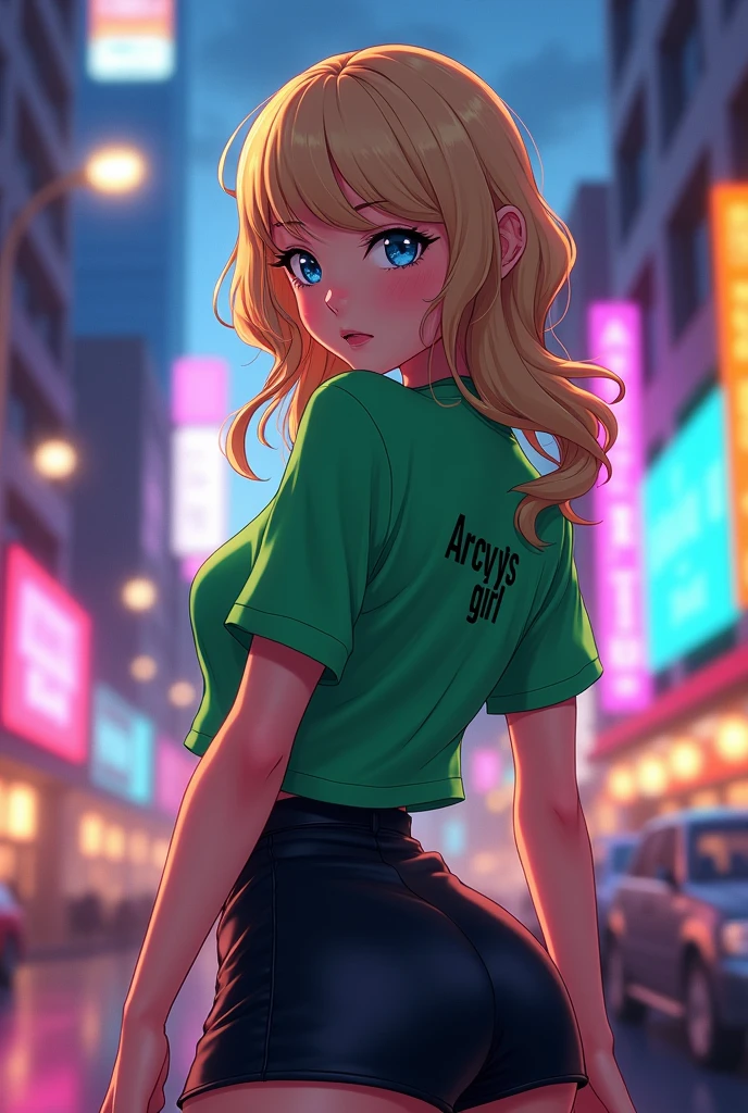 A captivating 3D render of an anime-inspired woman exudes confidence and charm as she poses boldly in the bustling cityscape at dusk. With a radiant smile, she wears a green shirt emblazoned with "Arcy's girl" and a black mini-skirt. Her striking blue eyes and blonde hair styled in loose waves add to her allure. The cinematic background features neon lights and a dramatic city skyline, creating an immersive atmosphere. whith her back to camara The composition masterfully blends fashion, product, and illustration elements, with typography in the character's name. The final result is a stunning photo, painting, and poster-worthy image, perfectly showcasing the character as a product in a dynamic 3D render, evoking a sense of fashion, product, and illustration all in one., painting, fashion, illustration, product, anime, poster, photo, 3d render, typography, cinematic