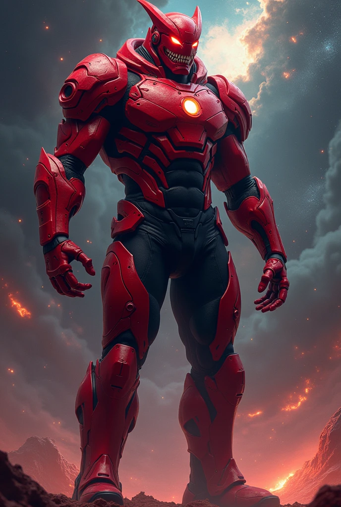 Male, huge, red skin, glowing eyes, shark-like teeth, neck armor, red tech armor, black pants, round symbol, red boots and gloves, large shoulder pads, aura, space background, nano tech