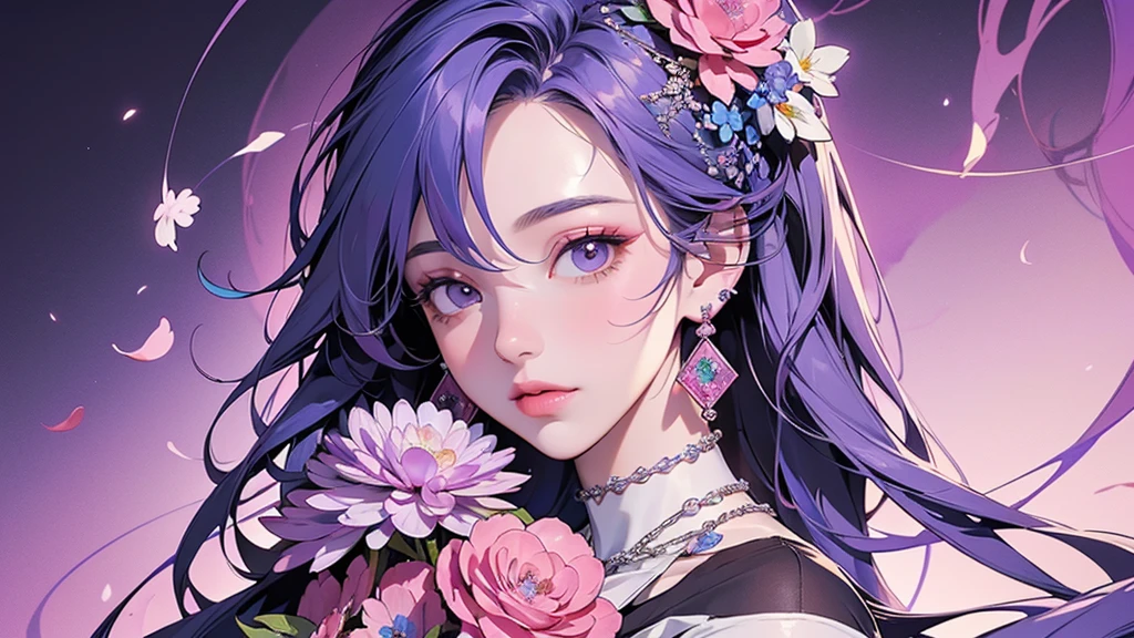 32K, 最高quality, 最高masterpiece, (ultra-Detailed Background, Detailed Background), High resolution, Super detailed, Very detailedな, 1 personの, (bouquet:1.3), (Tangled:1.2), (Geometric:1.2),(colorful),(masterpiece, quality, best quality, Official Art, Beautiful and beautiful:1.2), (1 person:1.3), Very detailed,(colorful:1.1)(Flowers:1.3),Most detailed,(Tangled:1.2), whole body, (Abstract background:1.3), (Skin glows), (Many colors:1.4), ,(Earrings Jewelry:1.5), Pale purple background, It's imaginative., Milk tea colored hair, Updo,