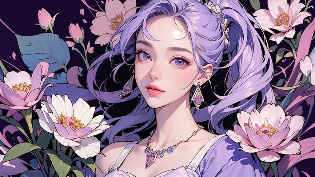 32K, 最高quality, 最高masterpiece, (ultra-Detailed Background, Detailed Background), High resolution, Super detailed, Very detailedな, 1 personの, (bouquet:1.3), (Tangled:1.2), (Geometric:1.2),(colorful),(masterpiece, quality, best quality, Official Art, Beautiful and beautiful:1.2), (1 person:1.3), Very detailed,(colorful:1.1)(Flowers:1.3),Most detailed,(Tangled:1.2), whole body, (Abstract background:1.3), (Skin glows), (Many colors:1.4), ,(Earrings Jewelry:1.5), Pale purple background, It's imaginative., Milk tea colored hair, Updo,