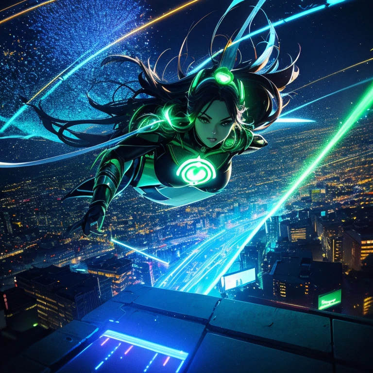 Scene from the movie, Woman dressed as Green Lantern from DC, extremely detailed, futuristic cityscape, nighttime, glowing neon lights, smoke, sparks, metal shavings, flying debris, blue energy effects, volumetric light