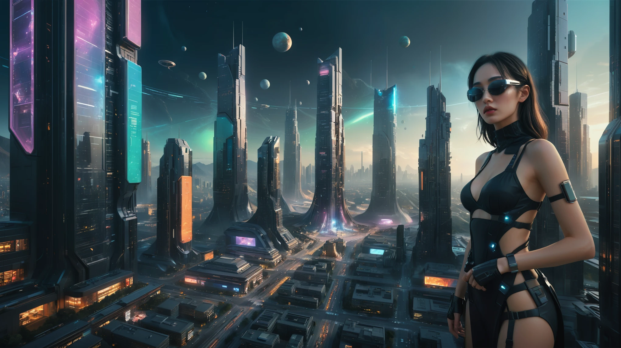 Brightly colored abstract aerial view image of a futuristic city, futuristic flying cars, epic beautiful space sci-fi, chaotic cinematic space rift, Greg Beeple, planets colliding, Beeple and Tim Hildebrandt, Beeple and Jean Giraud, end of the universe, galaxy space sci-fi, ringworld, by Mike "Beeple" Winkelmann. Matrix style, Matrix cascading code, a futuristic twin tower skyscraper with a unique twisted design, (OLED GUI interfaces in the building), at night, (1girl, solo), photo realistic, large-breast:1.2 body, cleavage, off broken mini sling-shirt and black sling bra, miniskirt,  (matrix style black micro sunglasses), (holding a short gun), very low view, half-body thigh level medium shot, cinematic lighting, ray tracing.