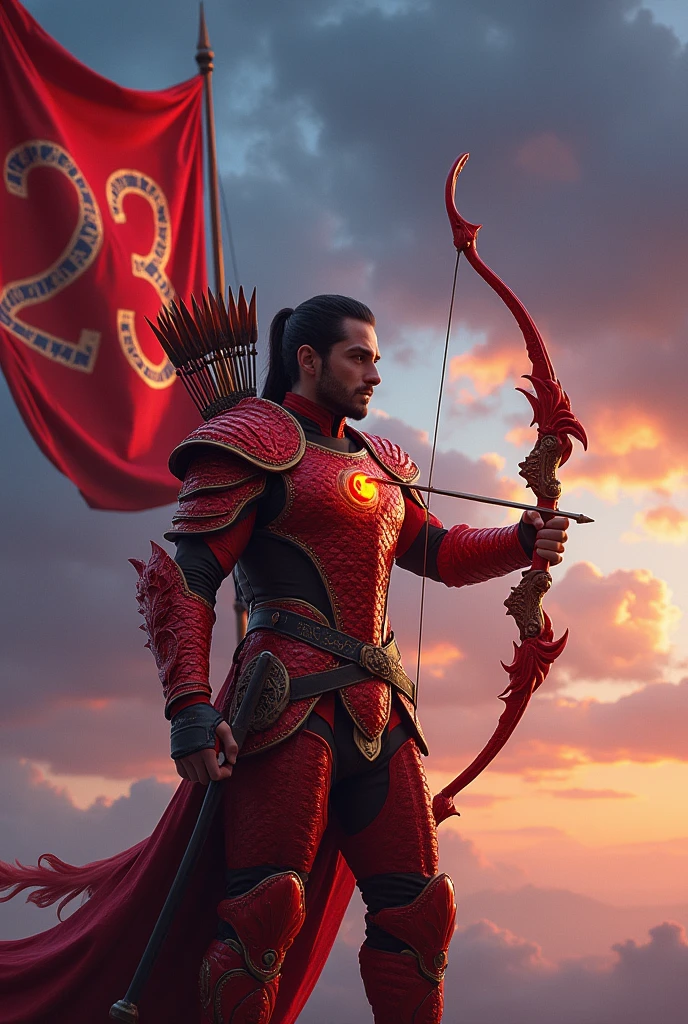 Archer man
wearing red dragon armor and bow with number 23 prominently displayed behind him