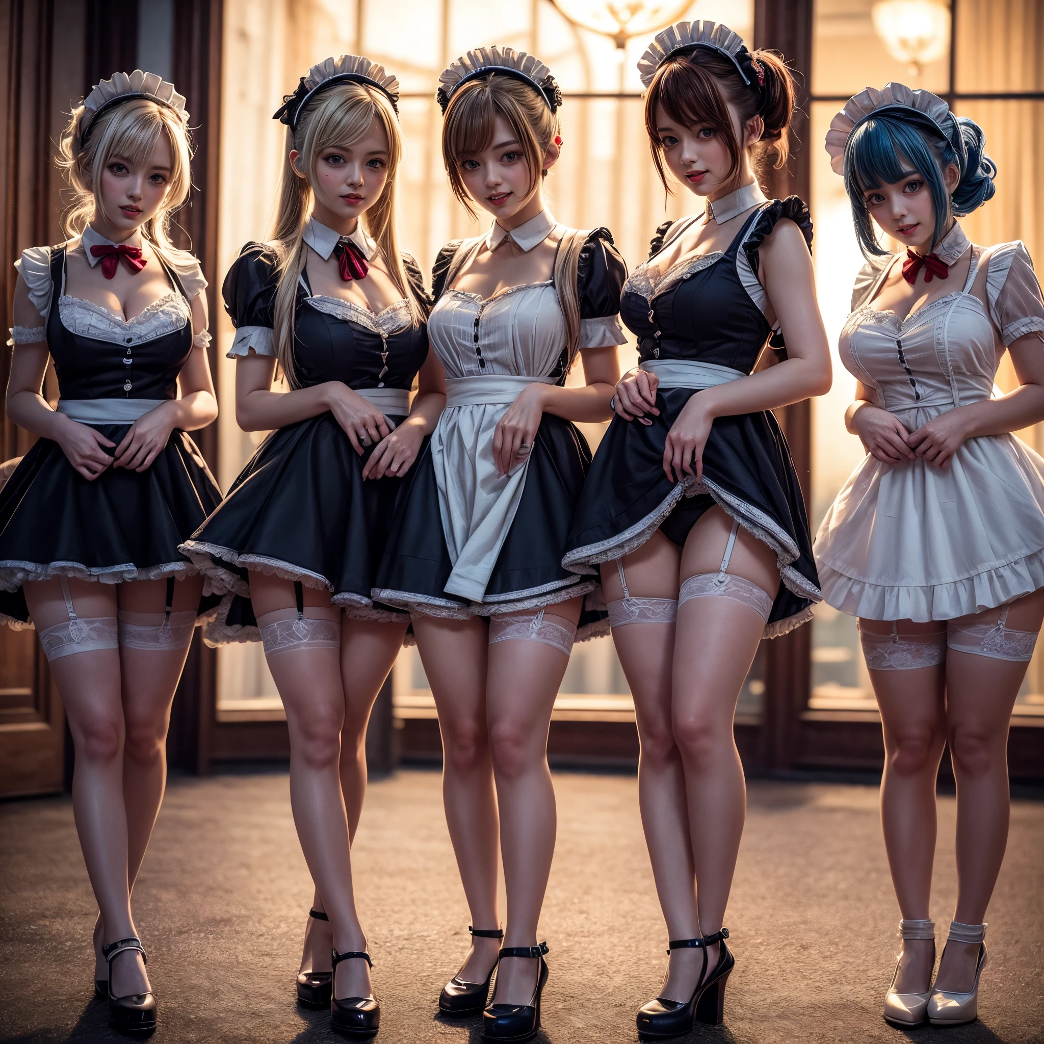 (Full Body of Extremely Detailed((Kawaii Maid Group in a row:1.37))), Cute perfect face, Reflective Eyes, Detailed(Delicate Clothing textures), Correct Leg Line, Dynamic Joyful Expressions LifeLike Rendering, Specular Reflection, TopQuality 8K Ultra-detailed masterpiece (ProfessionalPhoto:1.37), (Acutance:0.8), (Luminism:1.28), (Renaissance art style), Colorful Light particles, ((Full body from side)), {MicroMini Skirt|Kissing|Breast Lifting|Undressing|Thigh Gap|AssFocus}, Radiant Fine Skin with Transparency, (Exposed:0.5), (Different types of Anime hair color){Pink Hair|Blue Hair|Platinum Blonde|Pure White Hair|Liquid Hair}, Perfect Lighting