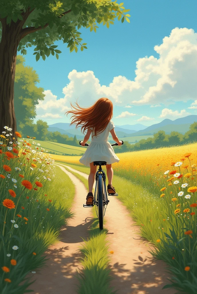 Masterpiece,1 girl, riding a bicycle, street,countryside, realistic vision, moment,