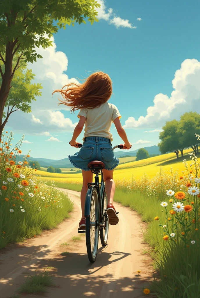 Masterpiece,1 girl, riding a bicycle, street,countryside, realistic vision, moment,
