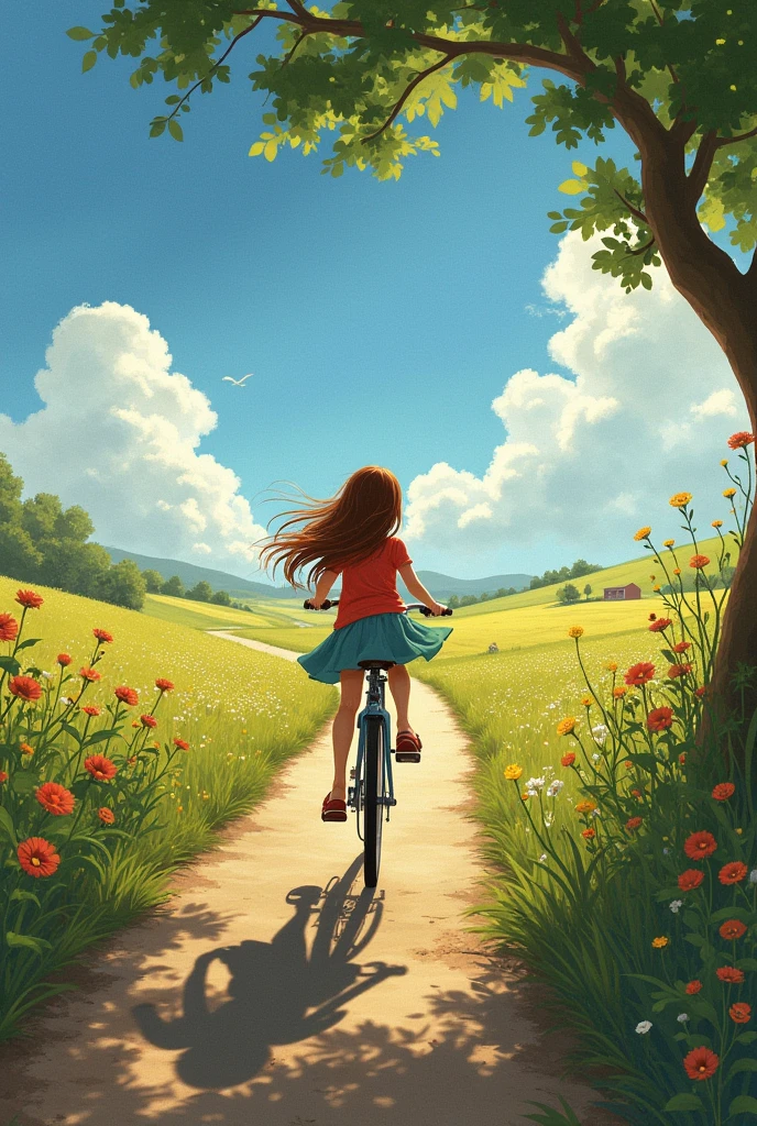 Masterpiece,1 girl, riding a bicycle, street,countryside, realistic vision, moment,