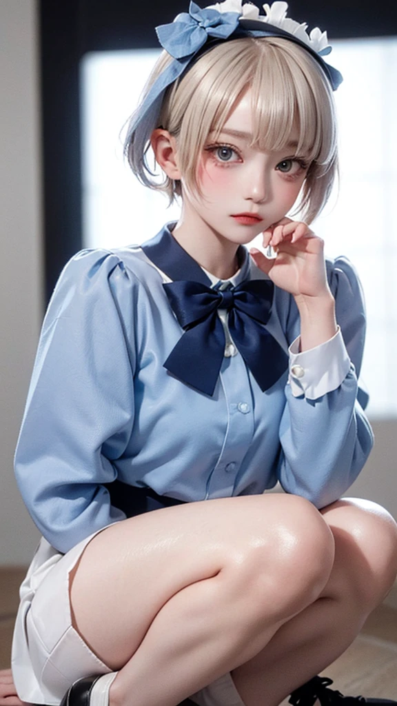 Upper warehouse, 1 Girl, Blonde Hair, White background, have, skirt, 蓝色shoe类, wing, Simple background, sign, flower, Nail polish, Wide sleeves, Long sleeve, blush, animal, white flower, Solitary, whole body, bird, Looking at the audience, 高跟shoe, Put your hand on your cheek, Cover your face with your hands, Ruffles, bow, Bangs, Ribbon, bell, Blue headdress, +_+, sock, short hair, Gray eyes, shoe, Blue nails, feathered wing, blue bow
