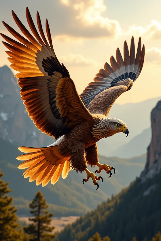 Aigle royal qui prend son vol mais qu'on voit toutes les parties de son corps sur la photo de couleur or