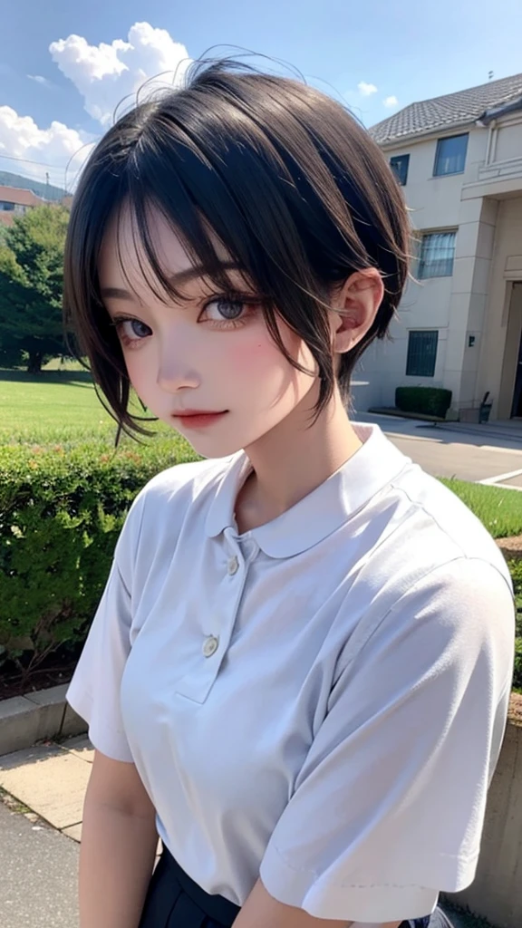 Short hair squinting girl