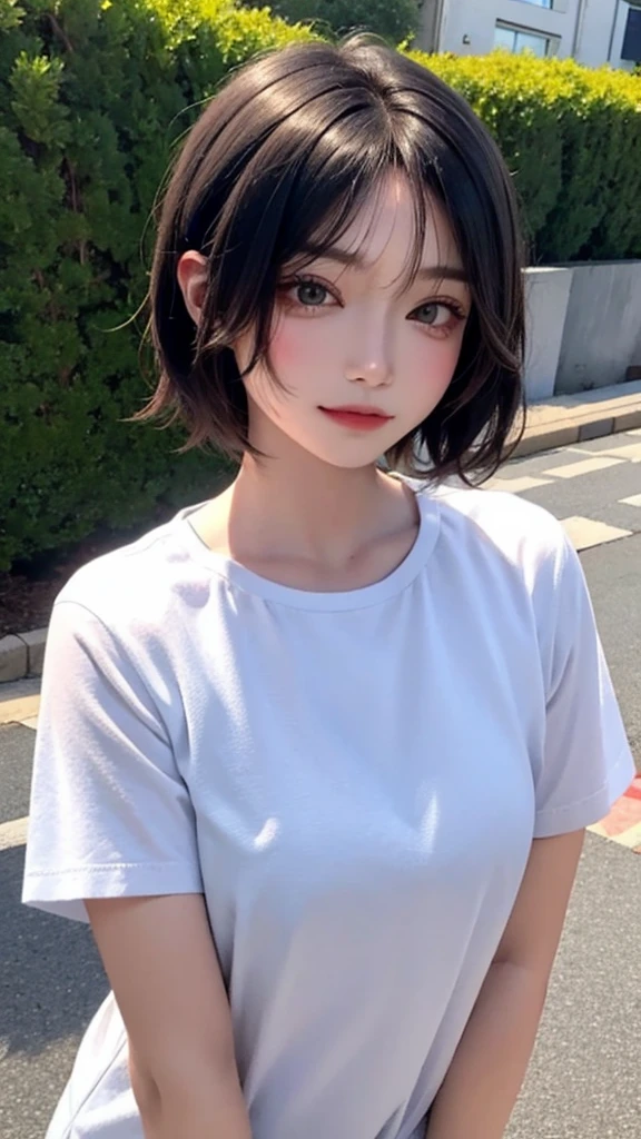 Short hair squinting girl