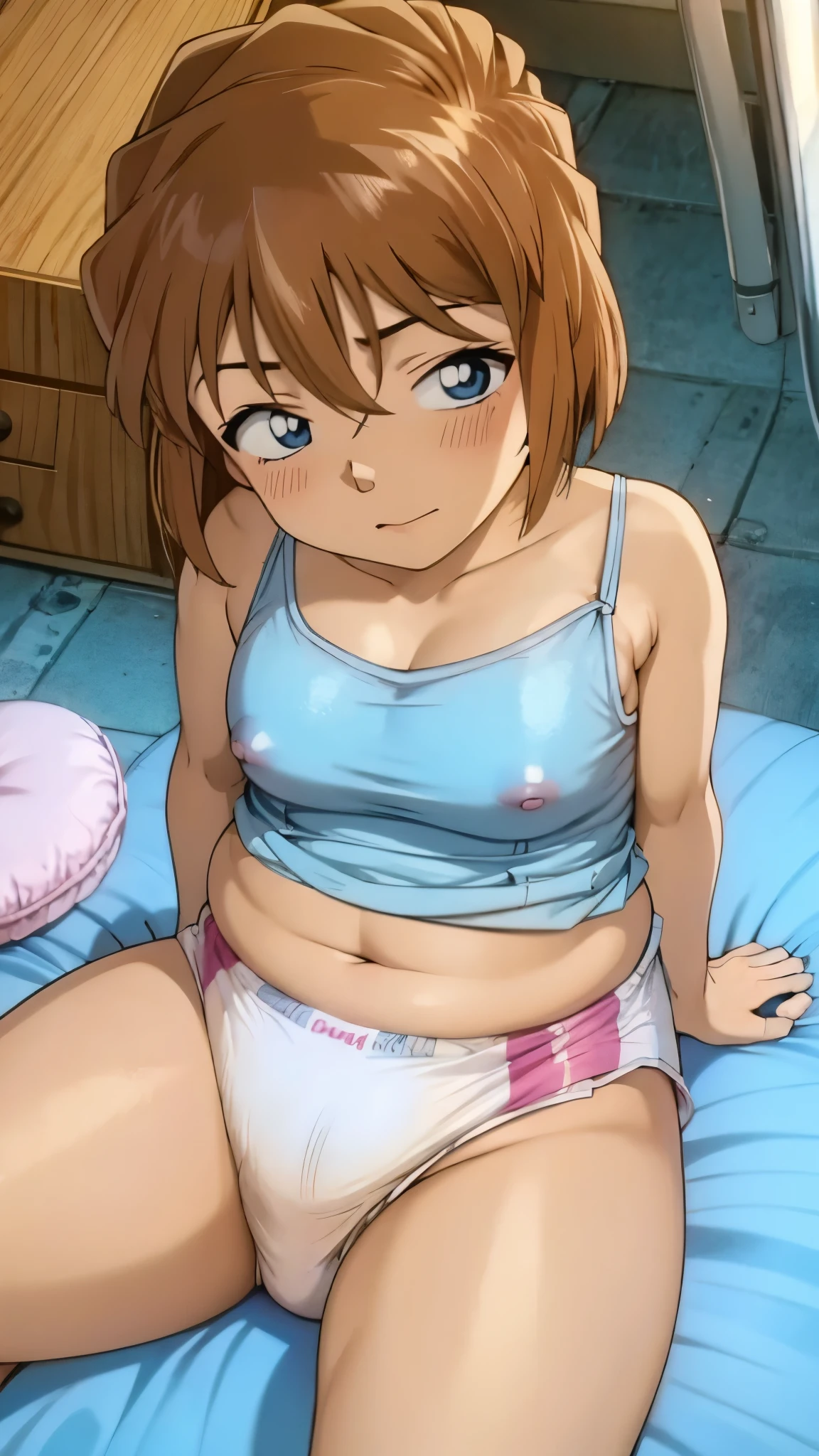 Wearing a white diaper((From above)),Light brown hair,blue eyes,short hair,Blushed,Captivating look,vapor,Sweaty skin,Wide Hips,Plump figure,Puffy nipples,Warping the body,Widebody,Heavyweight body,Small breasts,Open your thighs,inverted nipples,Lying down,Spread your legs,Lie on your back,pillow,Embarrassed,Chubby,Wearing a tank top,pastel colour