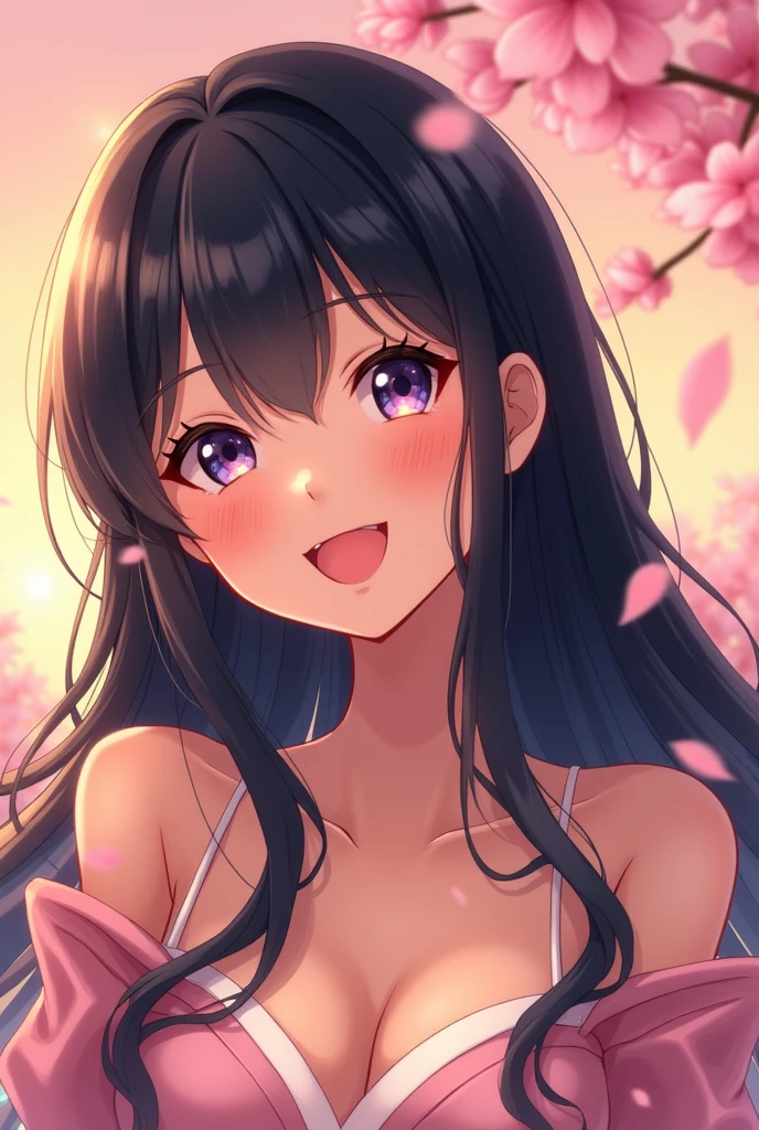 An anime style drawing of a woman with slightly slanted eyes, black hair with long bangs and a heart-shaped face, Ela deve estar sorrindo 