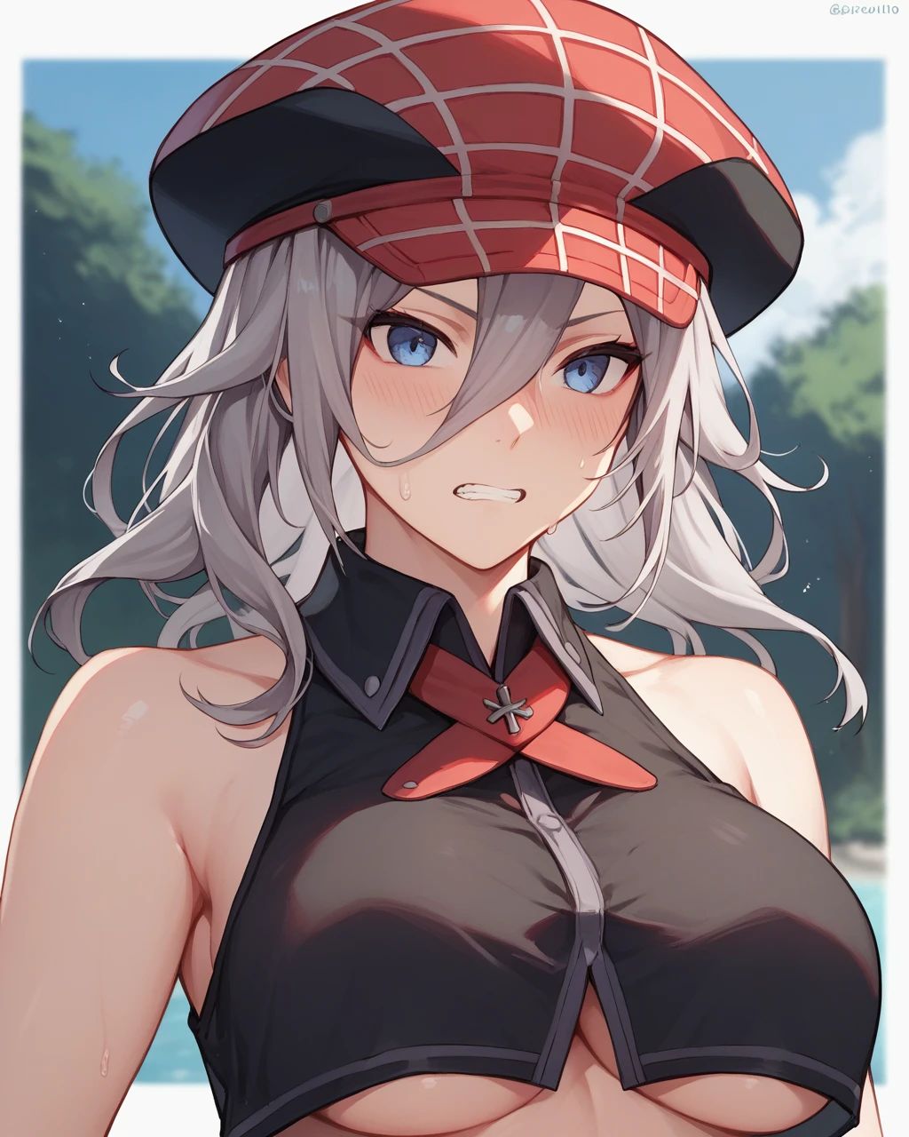 score_9, score_8_up, score_7_up,
1girl, alisa ilinichina amiella, solo, big breasts, grey hair, long hair, blue eyes, hair between eyes, underboob, bare shoulders, black crop top, red headwear, (simple dark backgrond), close-up, aroused facial expression, blush, sweat, (clenched teeth)