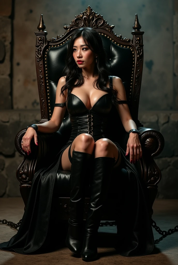 arafed chinese woman in leathers and boots is sitting on a chair, dominatrix, mistress, on her throne, wrapped in leather straps, heavy vignette!, stacked, full scene shot, very perfect position, carnal ) wet, voluptuous and arousing, lisa ann, kiss, ebony, in a dungeon, riding, slave