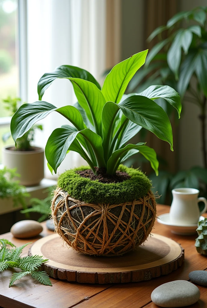 Kokedama and wrapped with sisal. With a plant with large foliage