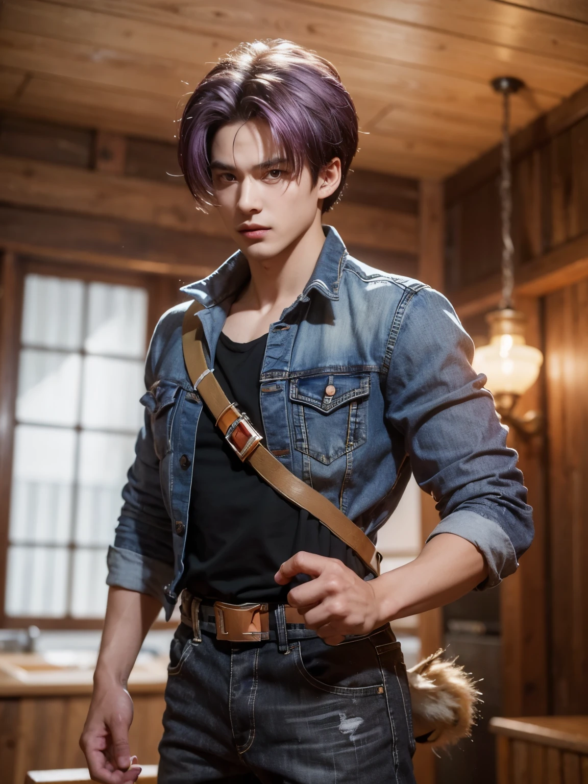 (masterpiece:1.2, Highest quality:1.2), (((1boy))), professional lighting, cinematic lighting, 8K wallpaper, ultra high resolution, alone, ultra realistic & detailed portrait of Trunks, a character of Dragon ball Z, Cowboy Shot, (jeans jacket, mark on arm, black shirt under jacket, belt, black long Pants), (short hair, purple hair color), indoor, standing, cross arms, ((hang a sword on his back)),
