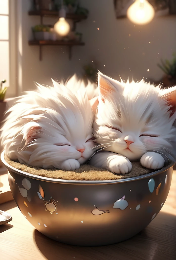 Cute kitten in an empty pot, Sleeping on the dining table, Realistic, Highest quality, 8k, Surreal, Intricate details, Real, Adorable kitten, Sleeping kitten, Kitten in a pot, A pot on the table, Detailed dining table, Warm lighting, Soft Shadows, Natural texture, Plump kitten, Fluffy kittens, Photogenic kitten, Adorable expression overflowing the screen, 3D Isometric,