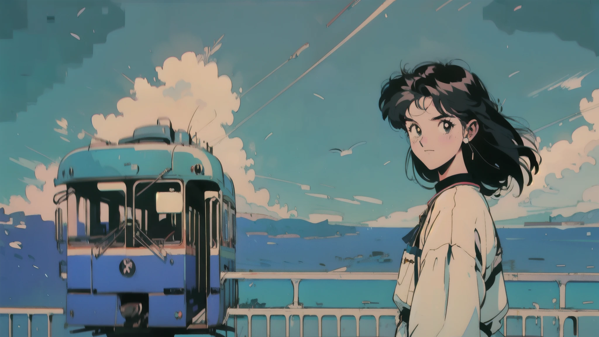 A coastal railway scene with a green and yellow tram stopped at a level crossing. A blue sea and sky、With white clouds in the background. In the foreground, A 21-year-old girl with long hair in the style of the 1980s, She is wearing a white outfit that contrasts beautifully with the blue sky. She is wearing headphones and facing the viewer, Stand in front of the tram. The overall color palette is retro, Nostalgic feeling.