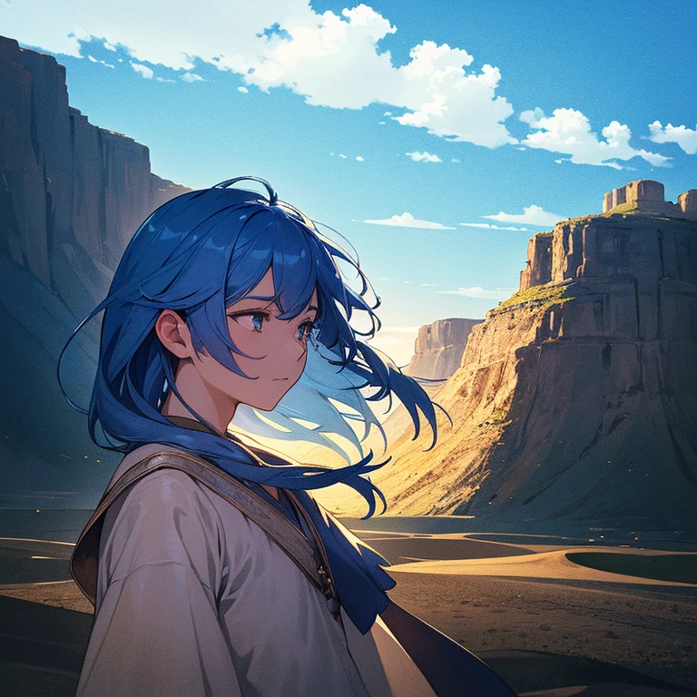 Beautifully drawn, high quality, ultra-detailed CG illustration of a young man with a serene expression, gazing into the distance with his striking light blue hair gently waving in the desert breeze. The scenery behind him is vast and breathtaking, drawing the viewers into a world of wonder and exploration.