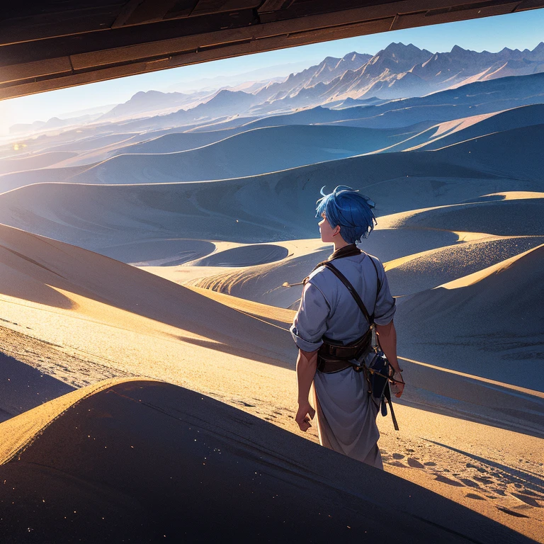 Beautifully drawn, high quality, ultra-detailed CG illustration of a young man with a serene expression, gazing into the distance with his striking light blue hair gently waving in the desert breeze. The scenery behind him is vast and breathtaking, drawing the viewers into a world of wonder and exploration.